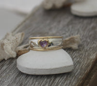 LR256 - Solid 9ct yellow gold and Stg. silver Amethyst Heart set Stacking Ring