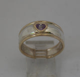 LR256 - Solid 9ct yellow gold and Stg. silver Amethyst Heart set Stacking Ring