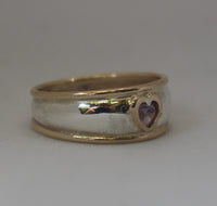 LR256 - Solid 9ct yellow gold and Stg. silver Amethyst Heart set Stacking Ring